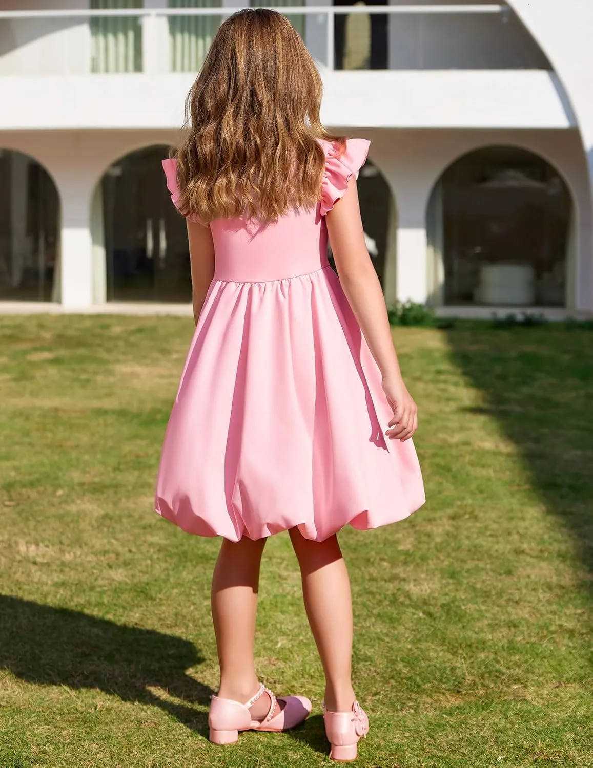 Arshiner Tween Girls Summer Bubble Dress Ruffle Sleeve Casual Party Midi Dresses