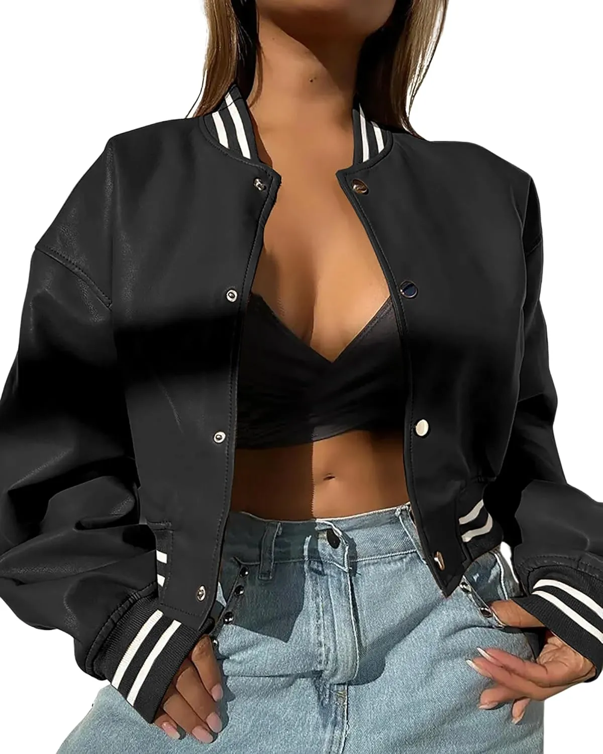 BAIMORE Women's Trendy Crop Varsity Jacket PU Leather Long Sleeve Button Moto Biker Jacket
