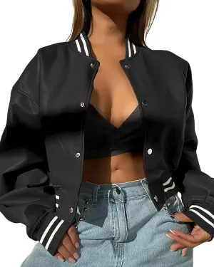 BAIMORE Women's Trendy Crop Varsity Jacket PU Leather Long Sleeve Button Moto Biker Jacket