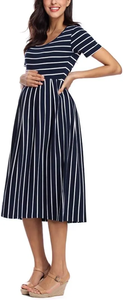 BBHoping Women’s Casual Striped Maternity Dress Short Knee Length Pregnancy Clothes for Baby Shower