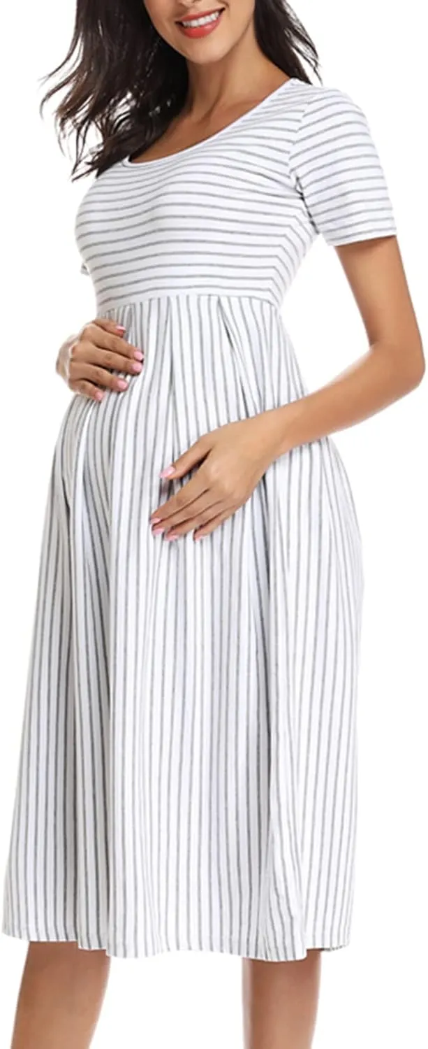 BBHoping Women’s Casual Striped Maternity Dress Short Knee Length Pregnancy Clothes for Baby Shower