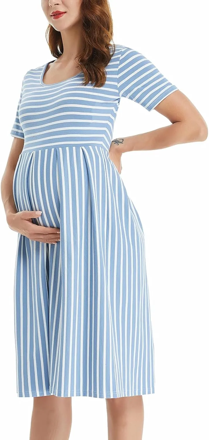 BBHoping Women’s Casual Striped Maternity Dress Short Knee Length Pregnancy Clothes for Baby Shower