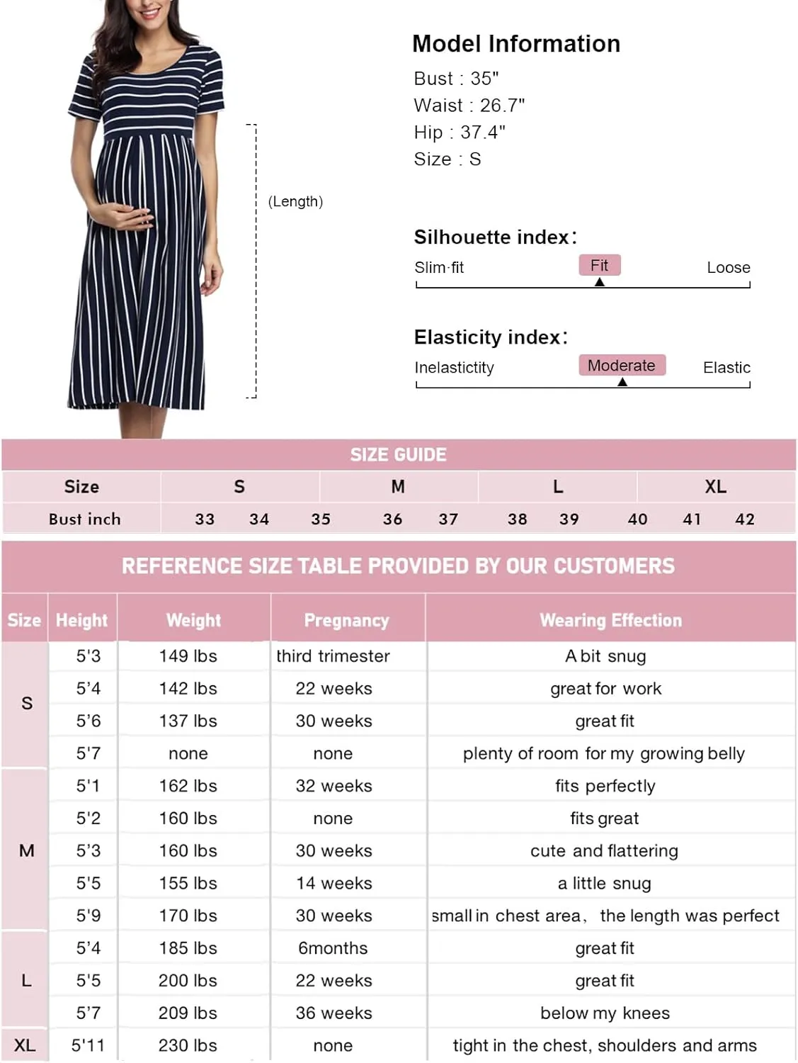BBHoping Women’s Casual Striped Maternity Dress Short Knee Length Pregnancy Clothes for Baby Shower