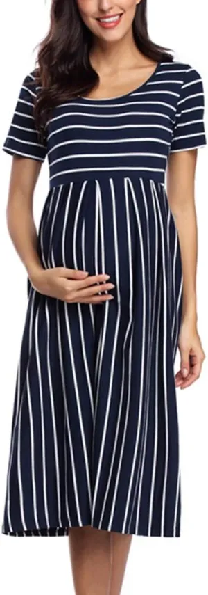 BBHoping Women’s Casual Striped Maternity Dress Short Knee Length Pregnancy Clothes for Baby Shower