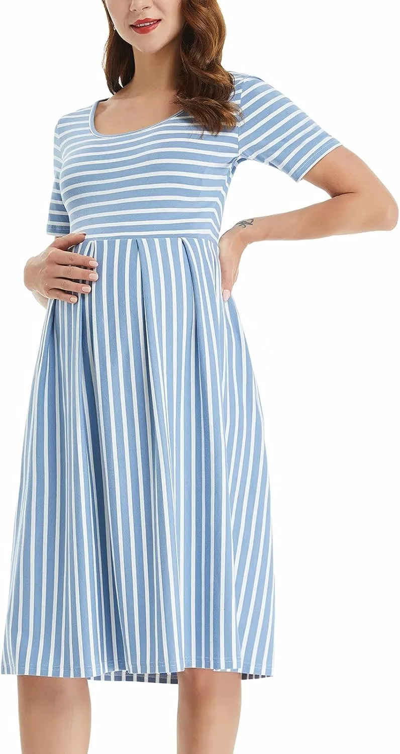 BBHoping Women’s Casual Striped Maternity Dress Short Knee Length Pregnancy Clothes for Baby Shower