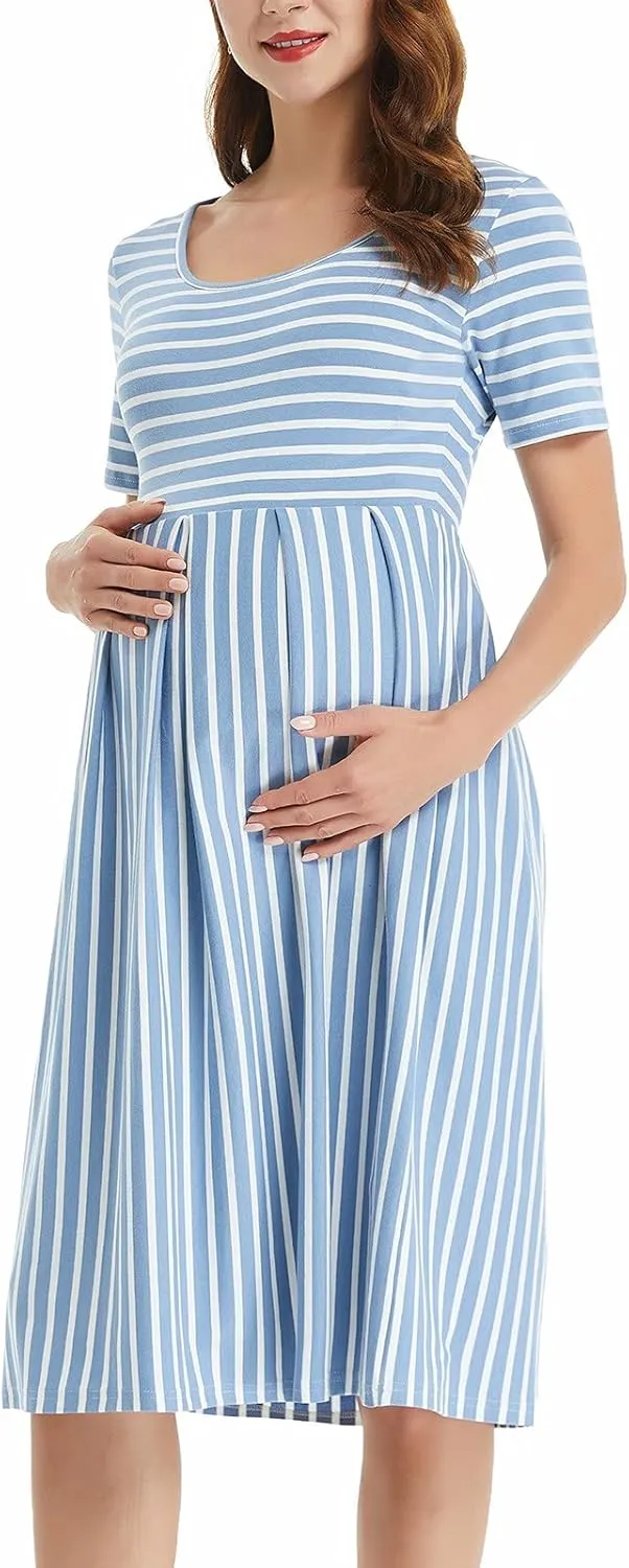 BBHoping Women’s Casual Striped Maternity Dress Short Knee Length Pregnancy Clothes for Baby Shower