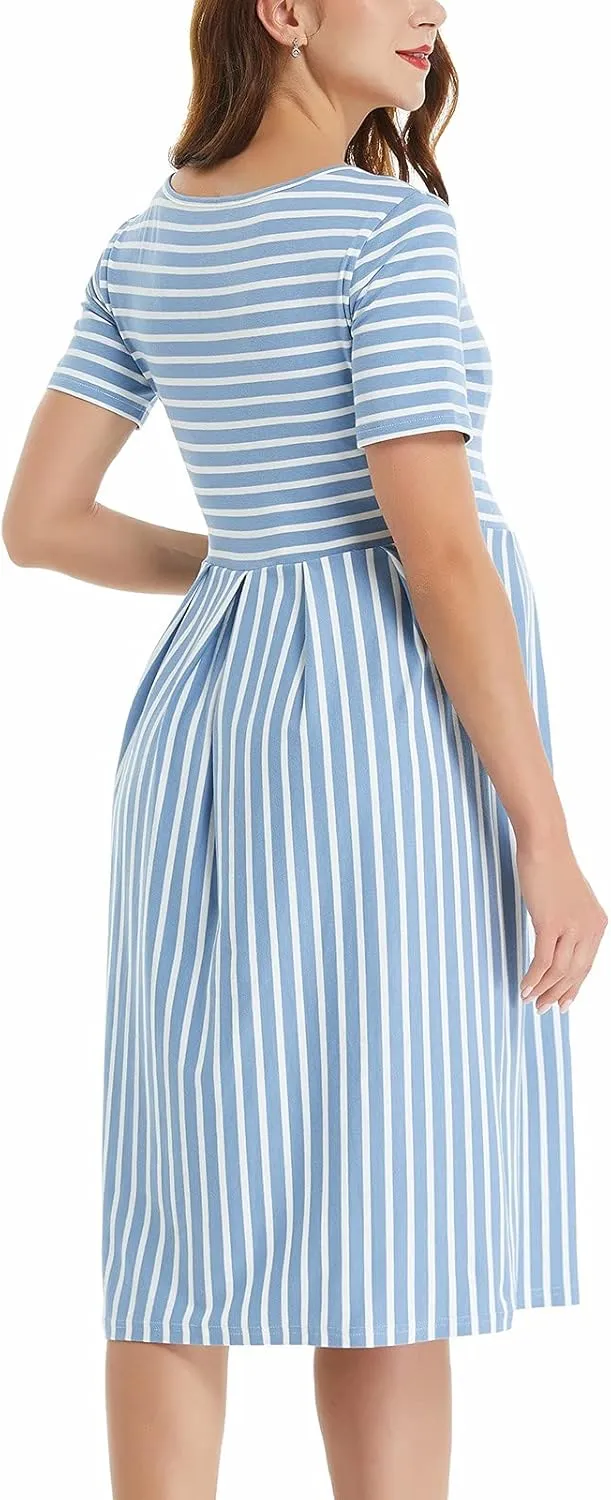 BBHoping Women’s Casual Striped Maternity Dress Short Knee Length Pregnancy Clothes for Baby Shower