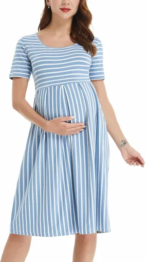 BBHoping Women’s Casual Striped Maternity Dress Short Knee Length Pregnancy Clothes for Baby Shower