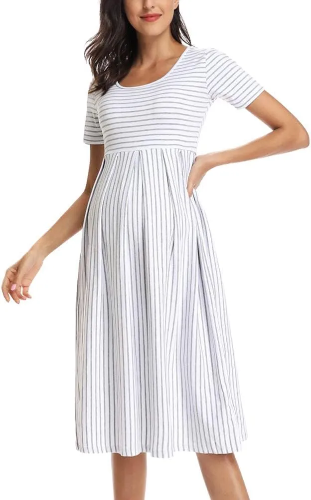 BBHoping Women’s Casual Striped Maternity Dress Short Knee Length Pregnancy Clothes for Baby Shower