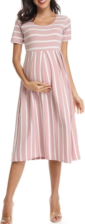 BBHoping Women’s Casual Striped Maternity Dress Short Knee Length Pregnancy Clothes for Baby Shower