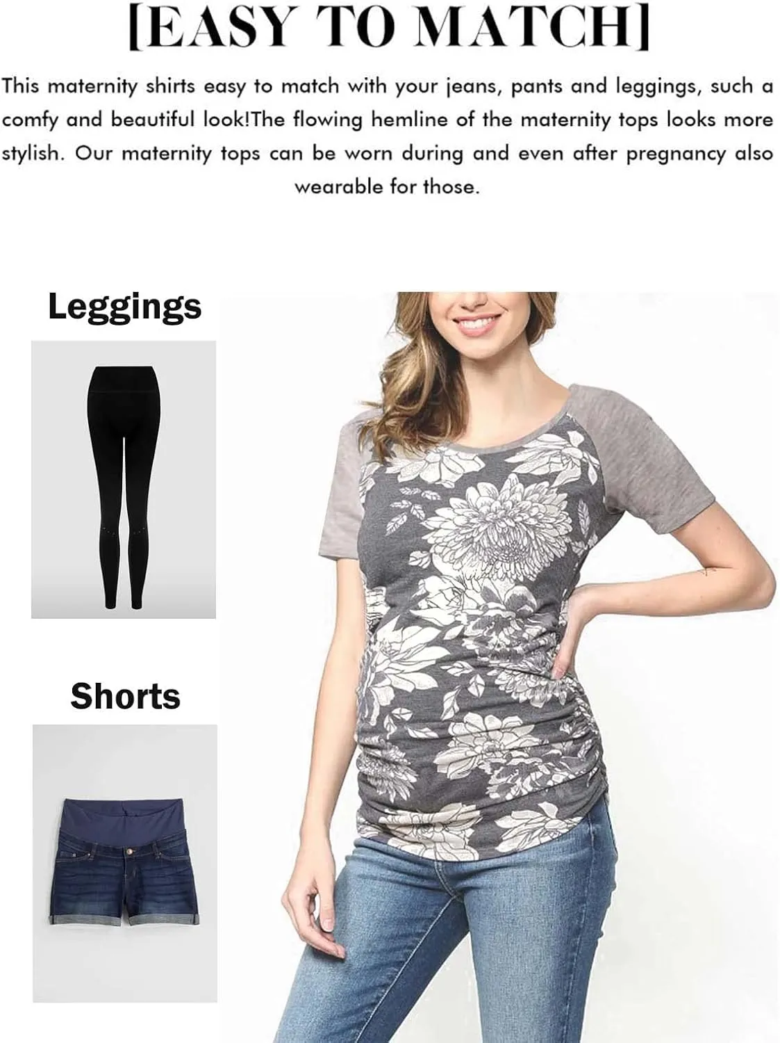 BBHoping Women's Maternity Tops Short & Long Sleeve Baseball Crew Neck Classic Side Ruched Pregnancy T-Shirt