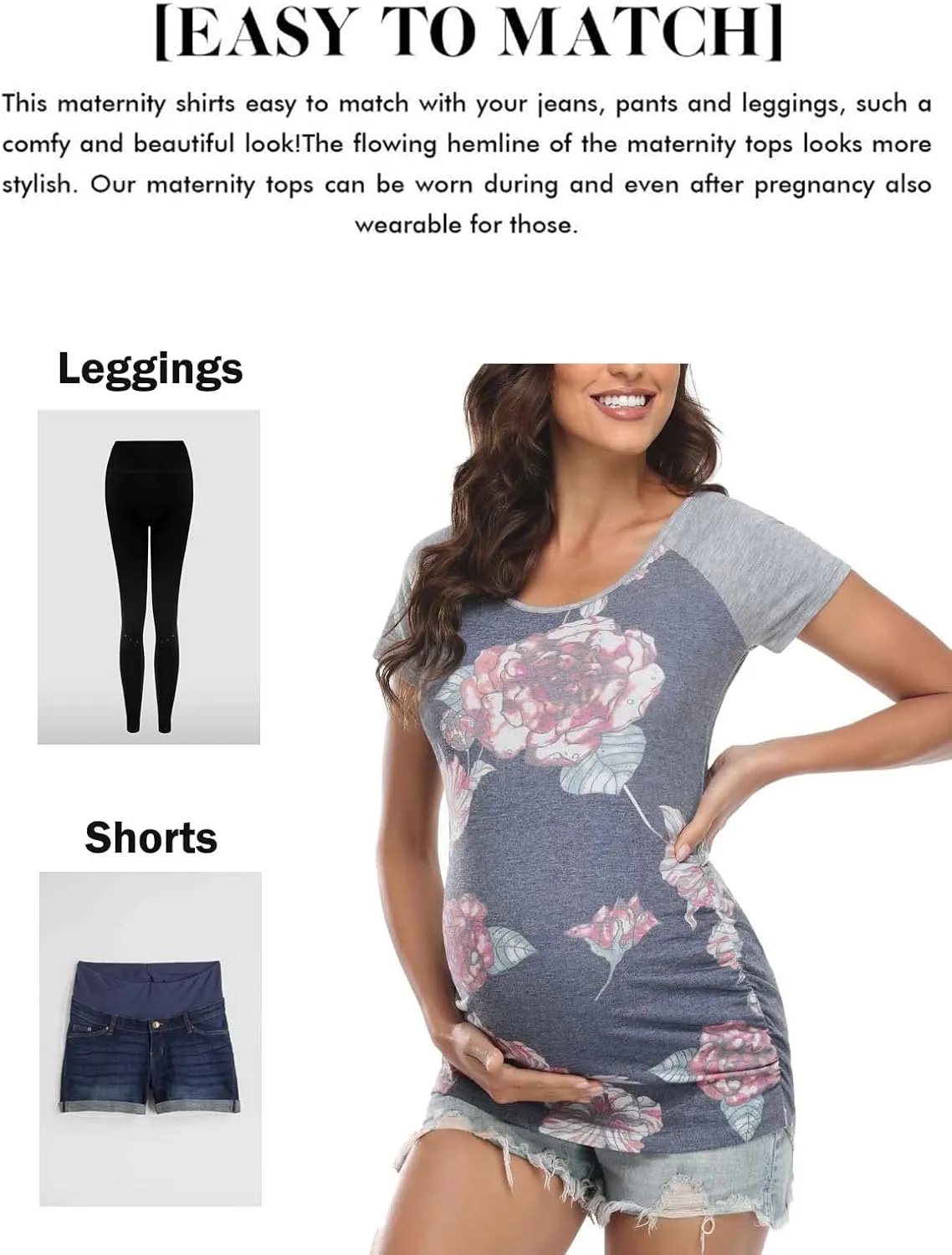 BBHoping Women's Maternity Tops Short & Long Sleeve Baseball Crew Neck Classic Side Ruched Pregnancy T-Shirt