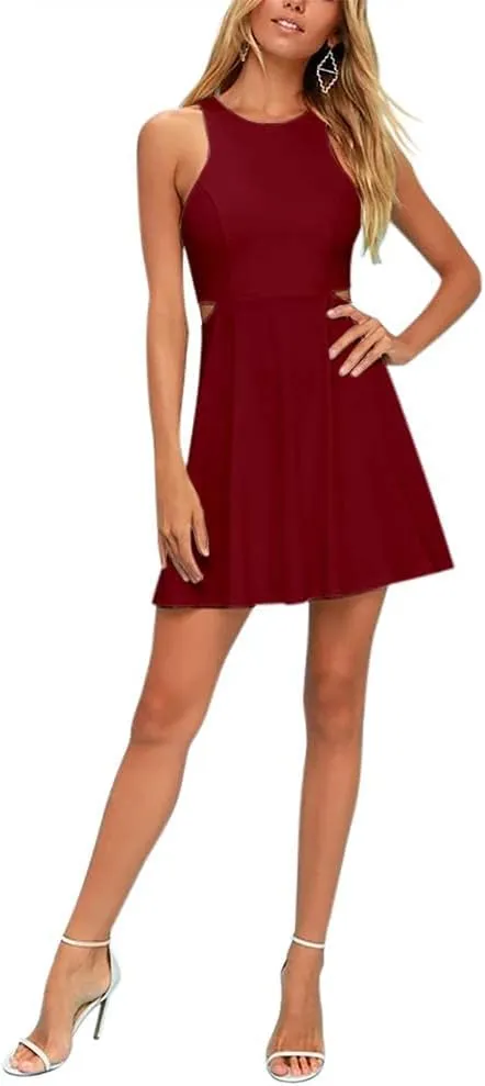 BELONGSCI Women 2025 Sweet and Cute Sleeveless Racerback Flared Swing A-Line Waist Hollow Out Summer Short Dress