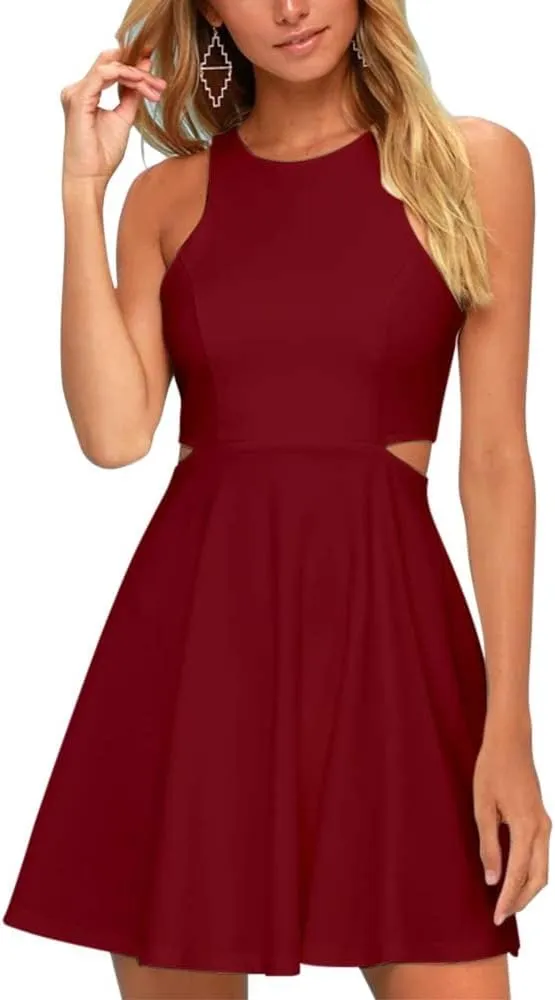 BELONGSCI Women 2025 Sweet and Cute Sleeveless Racerback Flared Swing A-Line Waist Hollow Out Summer Short Dress