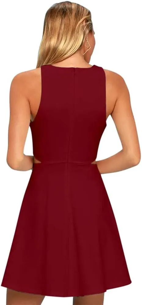 BELONGSCI Women 2025 Sweet and Cute Sleeveless Racerback Flared Swing A-Line Waist Hollow Out Summer Short Dress