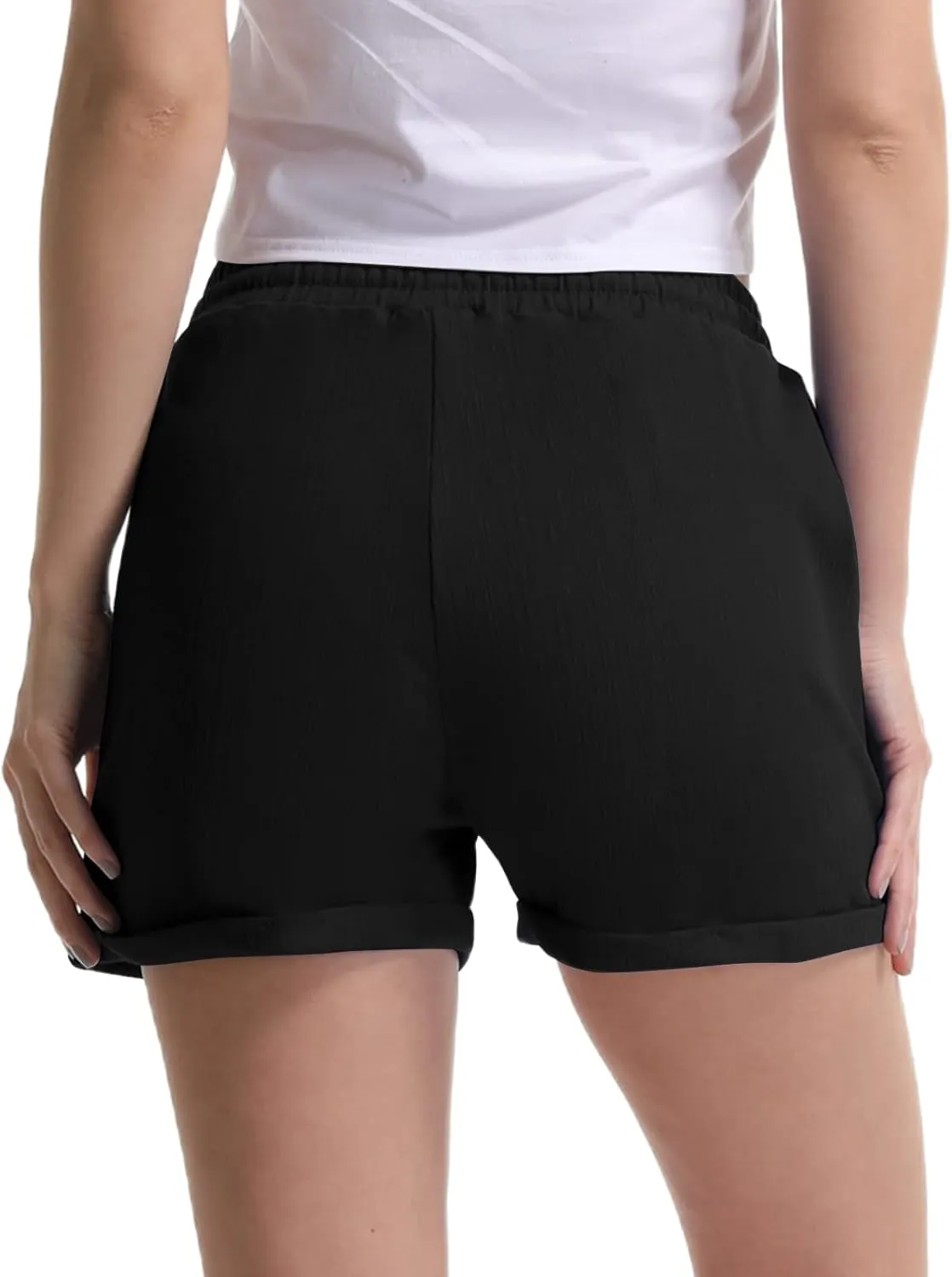 Bermuda Shorts for Women Cotton Linen Comfy Plus Size Elastic Waist Knee Length Travel Shorts for Summer Walking Beach