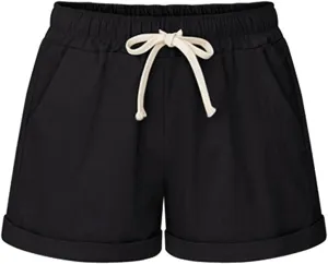 Bermuda Shorts for Women Cotton Linen Comfy Plus Size Elastic Waist Knee Length Travel Shorts for Summer Walking Beach