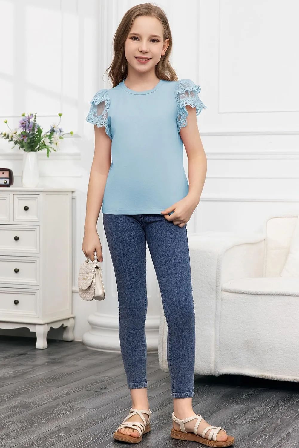blibean Teen Girls Tshirt Cotton Flowy Short Sleeve Button Tops Size 6-15 Years