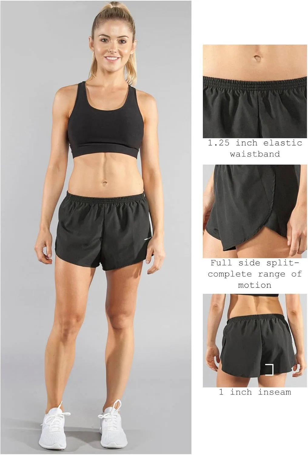 BOA Womens 1" Elite Split Solid Running Short (1001B)