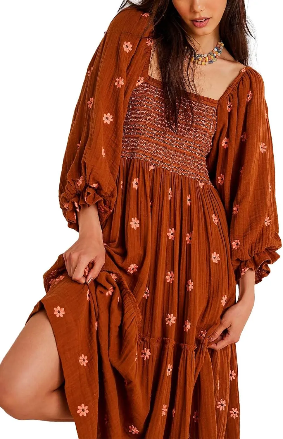 Boho Floral Puff Sleeve Dresses for Women 2024 Y2k Embroidered Flowy Smocked Maxi Dress Square Neck Beach Sundress