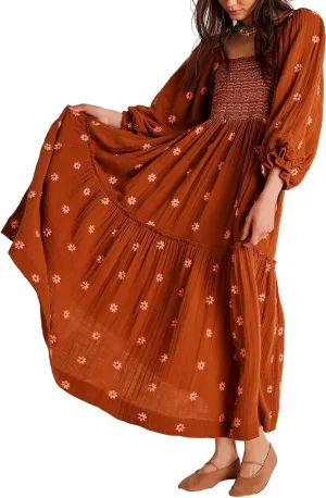 Boho Floral Puff Sleeve Dresses for Women 2024 Y2k Embroidered Flowy Smocked Maxi Dress Square Neck Beach Sundress