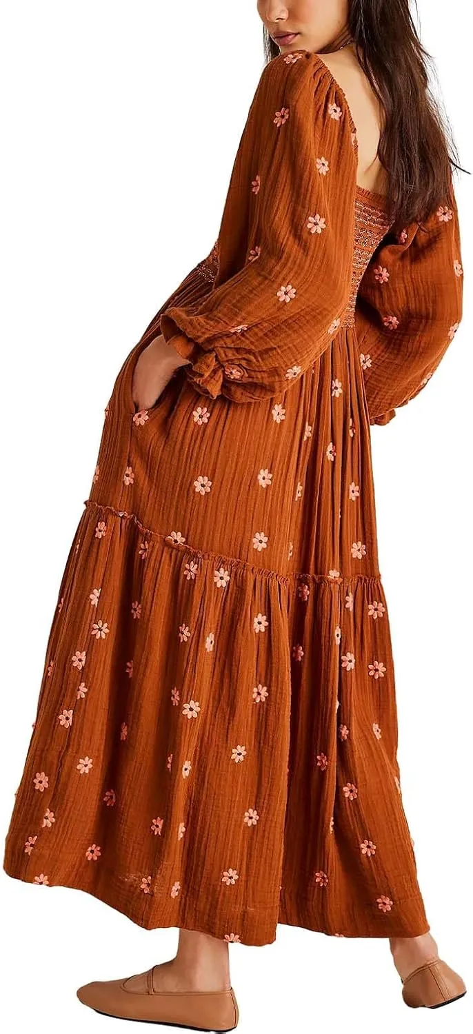 Boho Floral Puff Sleeve Dresses for Women 2024 Y2k Embroidered Flowy Smocked Maxi Dress Square Neck Beach Sundress