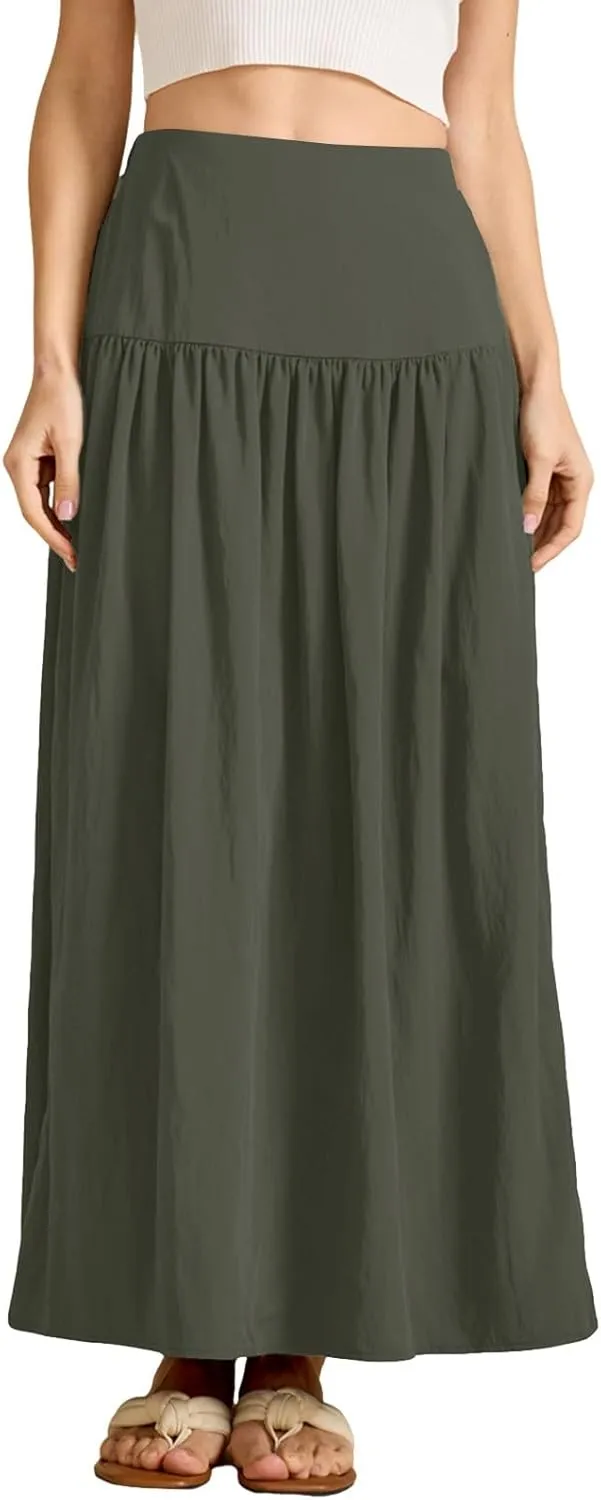 Boho Maxi Skirts for Women Casual High Waisted Swing Flowy Pleated Long Skirt with Pocket