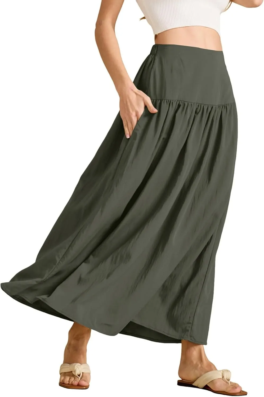 Boho Maxi Skirts for Women Casual High Waisted Swing Flowy Pleated Long Skirt with Pocket