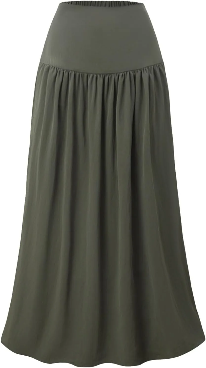 Boho Maxi Skirts for Women Casual High Waisted Swing Flowy Pleated Long Skirt with Pocket