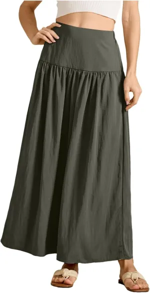 Boho Maxi Skirts for Women Casual High Waisted Swing Flowy Pleated Long Skirt with Pocket