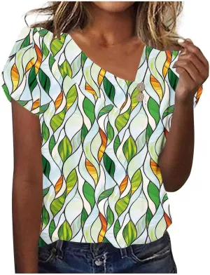 Boho Tops for Women Short Sleeve Foral Graphic Tees Slim Fit Aesthetic Button V Neck Beach Bohemia Tshirt Trendy Blouses