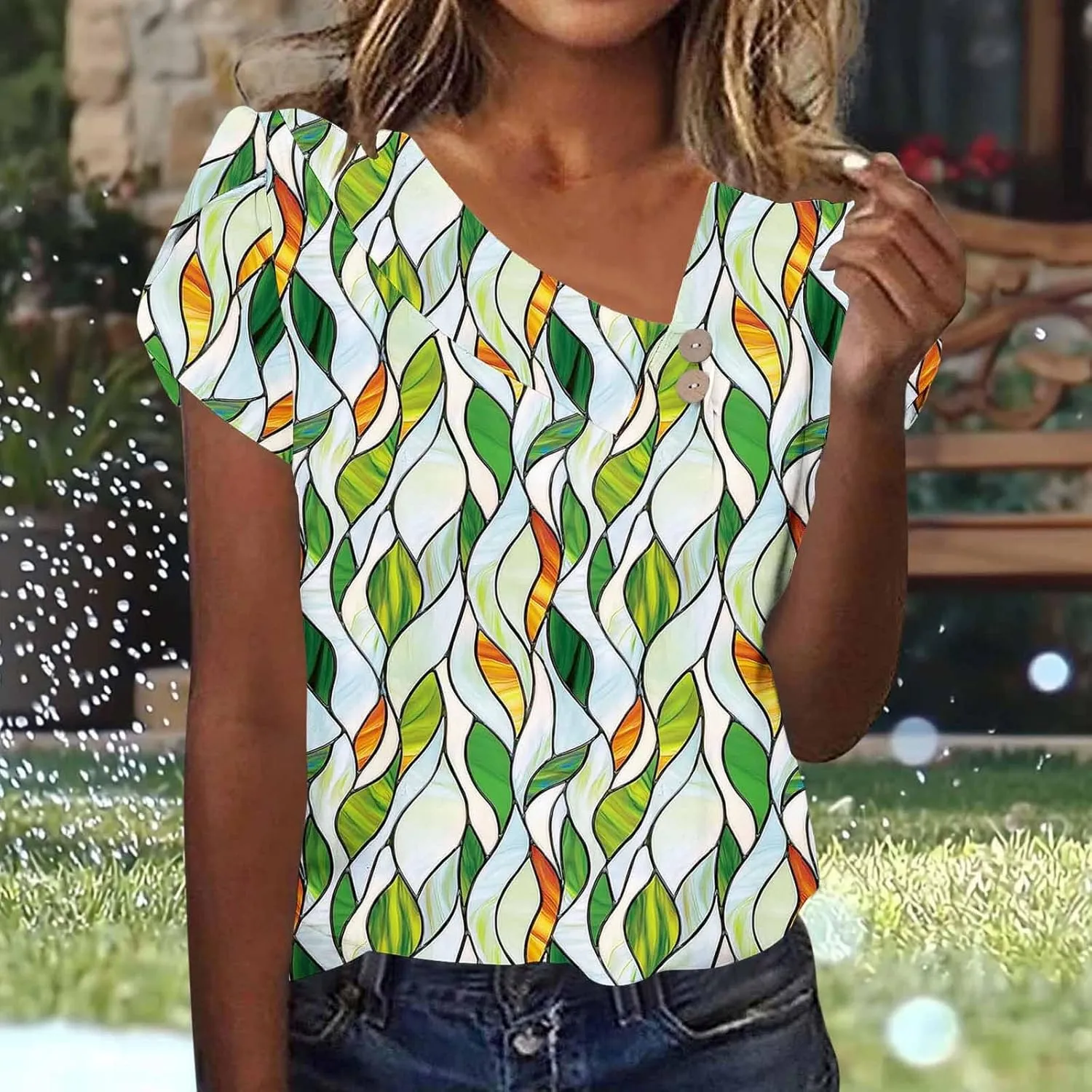 Boho Tops for Women Short Sleeve Foral Graphic Tees Slim Fit Aesthetic Button V Neck Beach Bohemia Tshirt Trendy Blouses