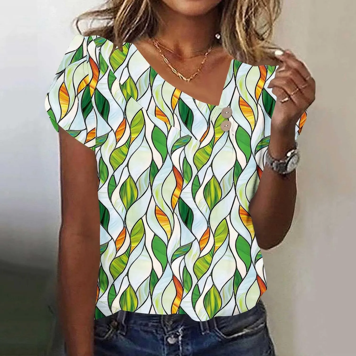 Boho Tops for Women Short Sleeve Foral Graphic Tees Slim Fit Aesthetic Button V Neck Beach Bohemia Tshirt Trendy Blouses