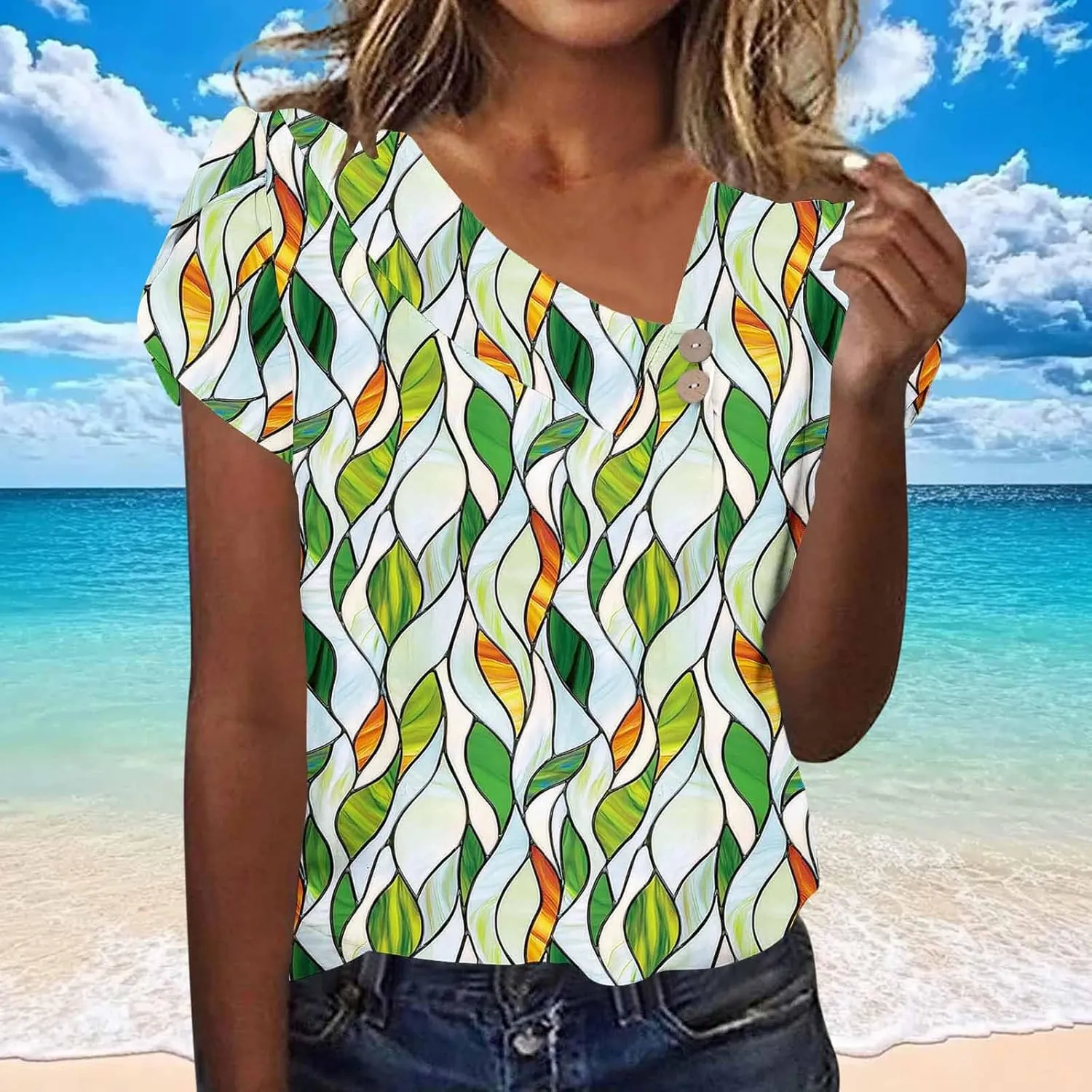 Boho Tops for Women Short Sleeve Foral Graphic Tees Slim Fit Aesthetic Button V Neck Beach Bohemia Tshirt Trendy Blouses