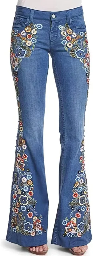 Bootcut Floral Skinny Jeans for Women, Feather Embroidery Stretchy Boot Cut Bell Buttom Denim Blue Jeans