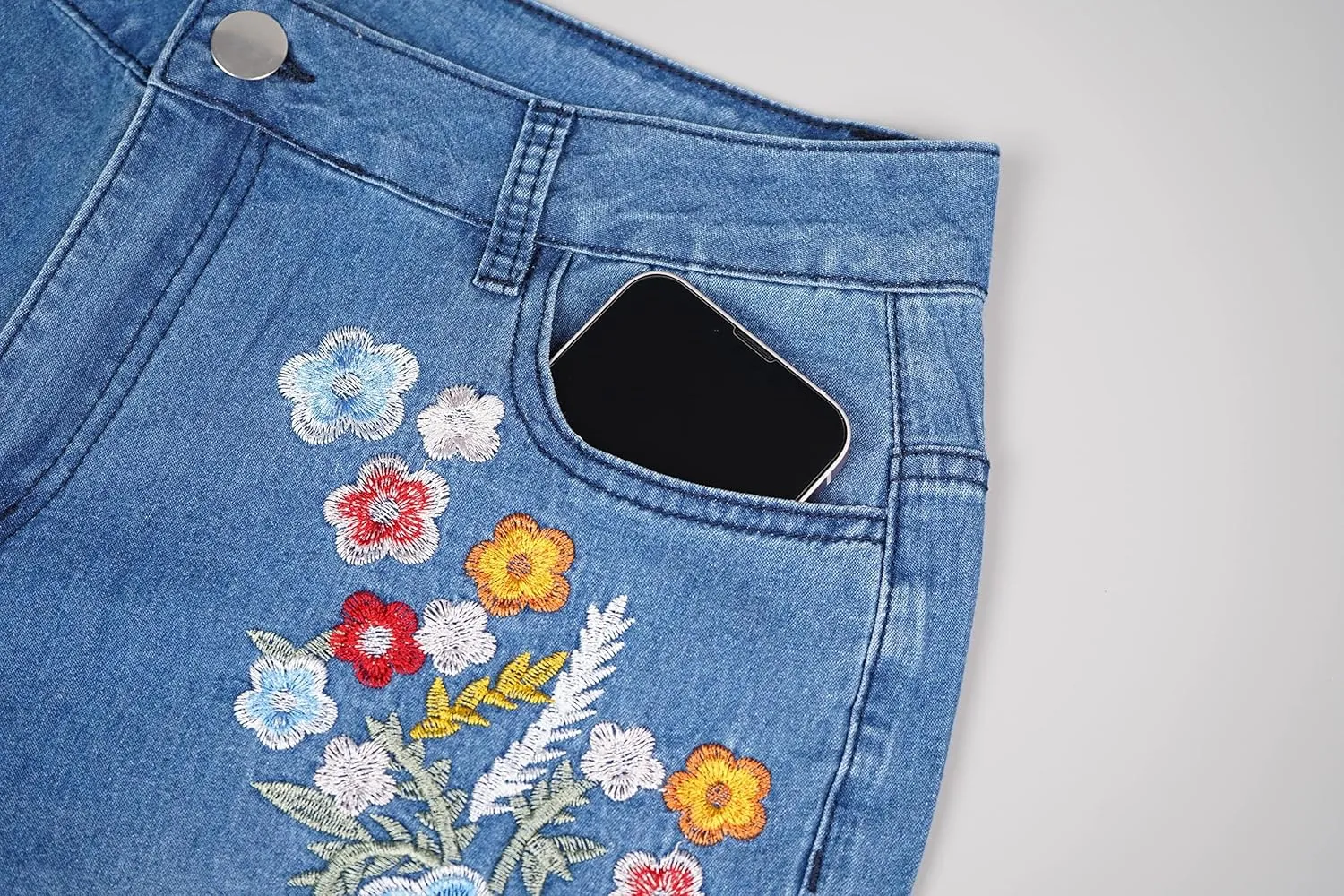 Bootcut Floral Skinny Jeans for Women, Feather Embroidery Stretchy Boot Cut Bell Buttom Denim Blue Jeans