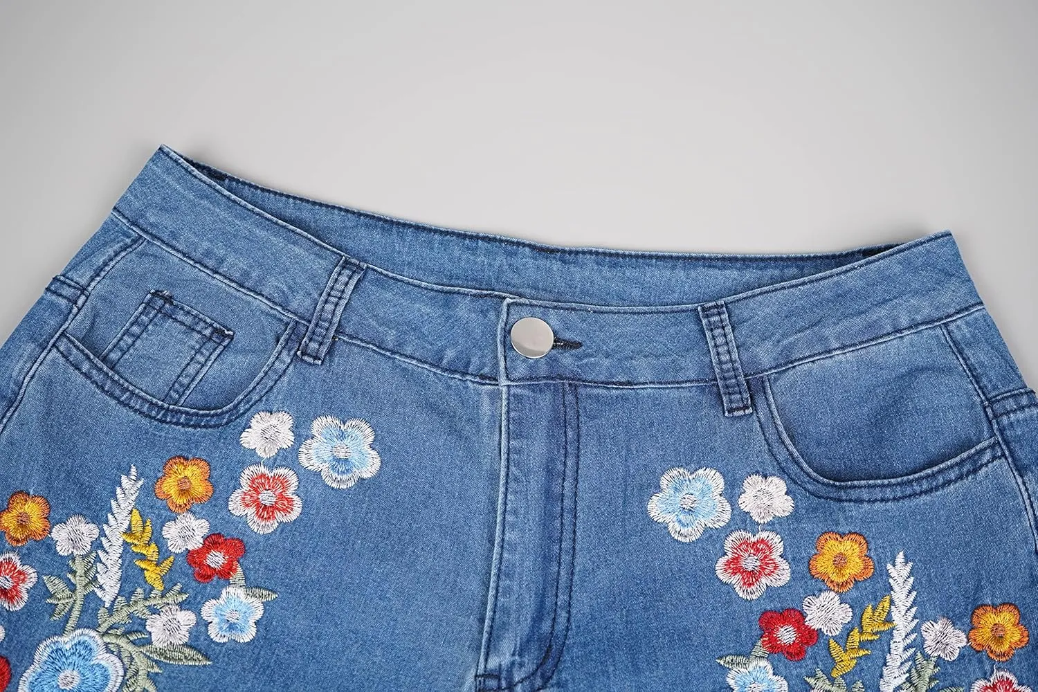 Bootcut Floral Skinny Jeans for Women, Feather Embroidery Stretchy Boot Cut Bell Buttom Denim Blue Jeans
