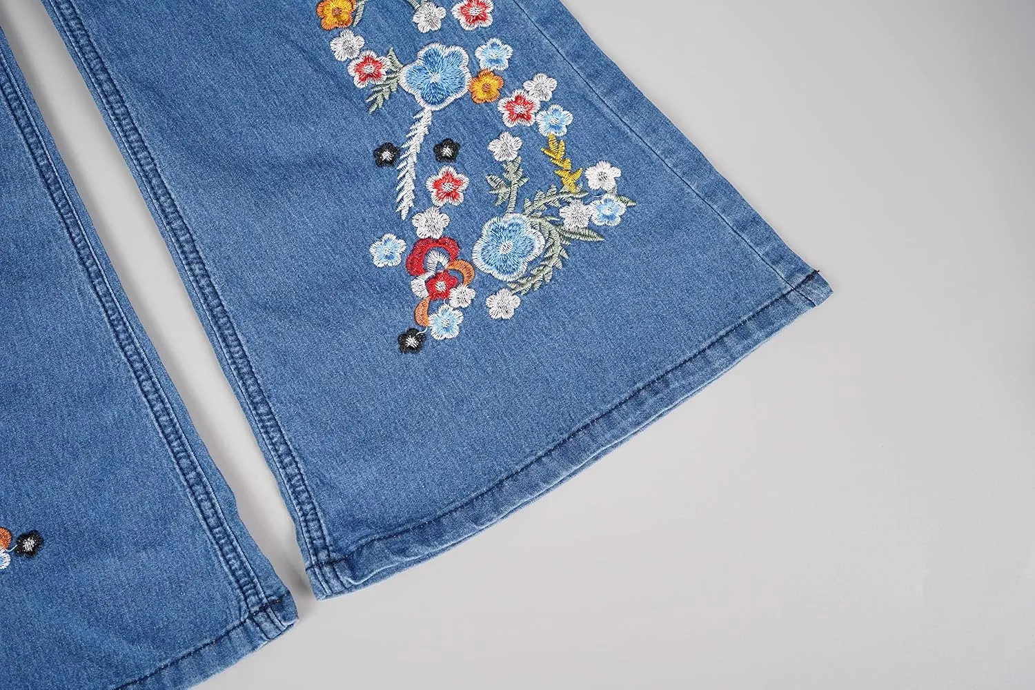 Bootcut Floral Skinny Jeans for Women, Feather Embroidery Stretchy Boot Cut Bell Buttom Denim Blue Jeans