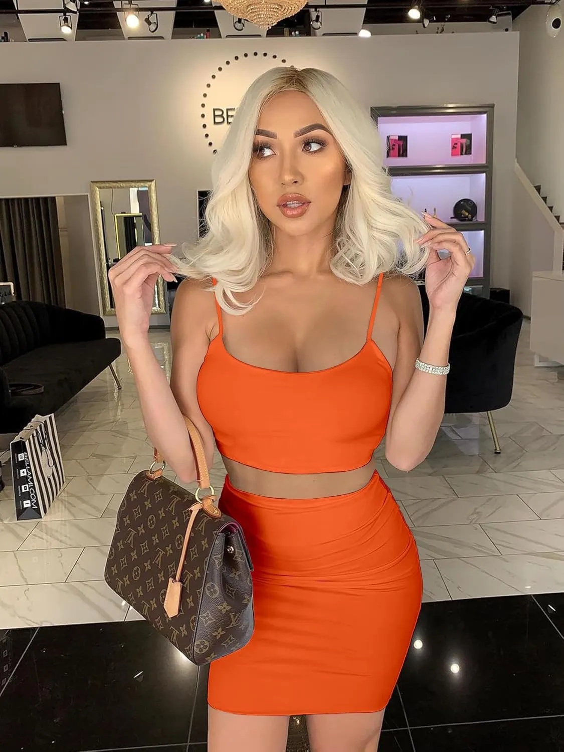 BORIFLORS Women's Sexy 2 Piece Outfits Strap Crop Top Skirt Set Bodycon Mini Dress