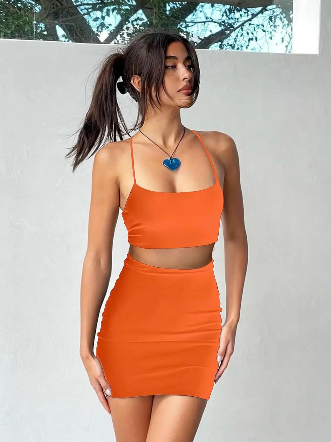 BORIFLORS Women's Sexy 2 Piece Outfits Strap Crop Top Skirt Set Bodycon Mini Dress