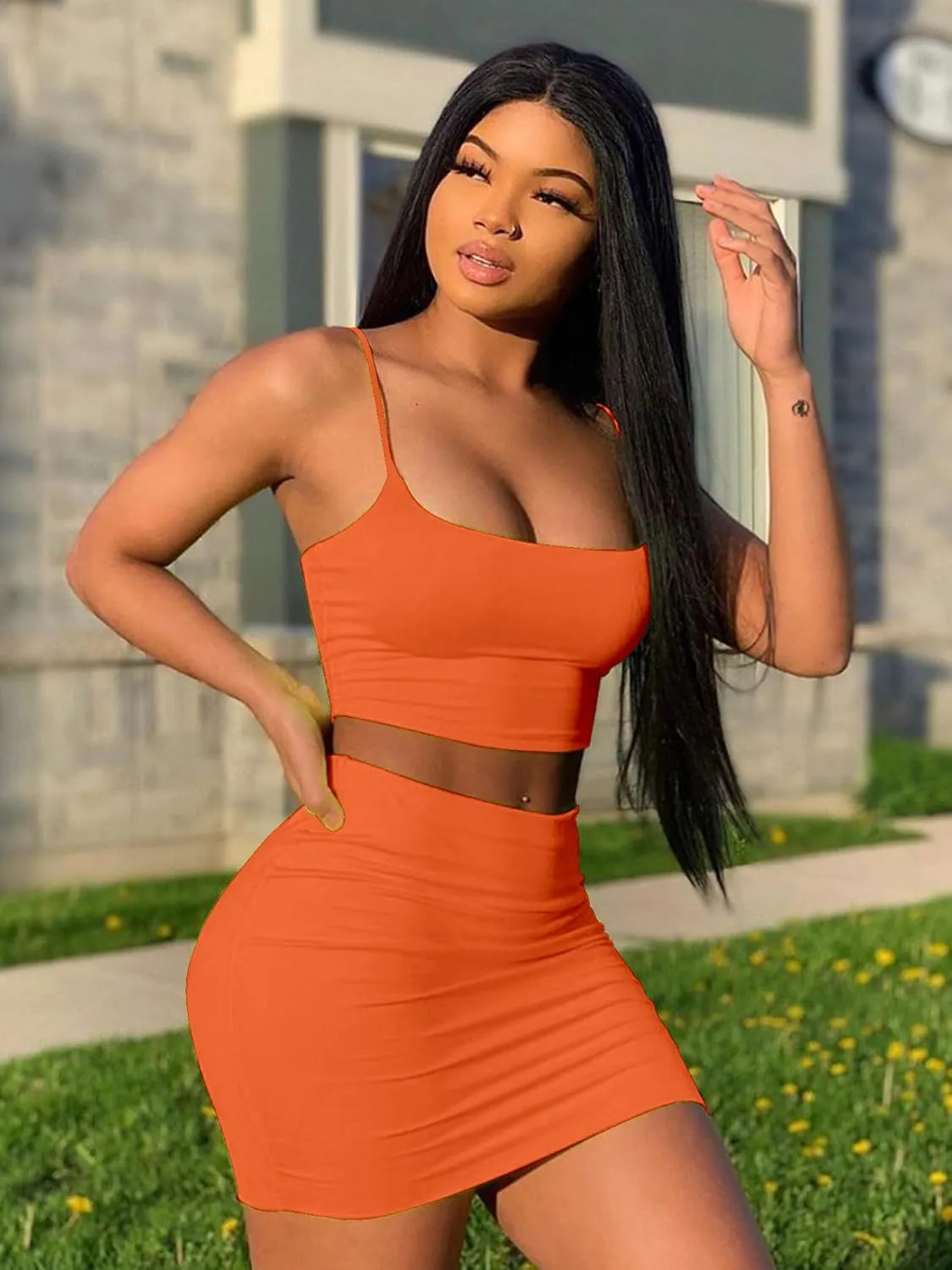 BORIFLORS Women's Sexy 2 Piece Outfits Strap Crop Top Skirt Set Bodycon Mini Dress