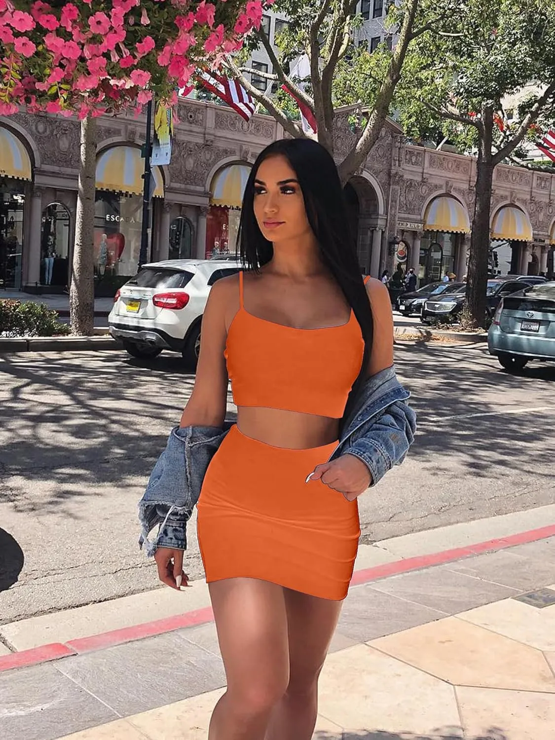 BORIFLORS Women's Sexy 2 Piece Outfits Strap Crop Top Skirt Set Bodycon Mini Dress