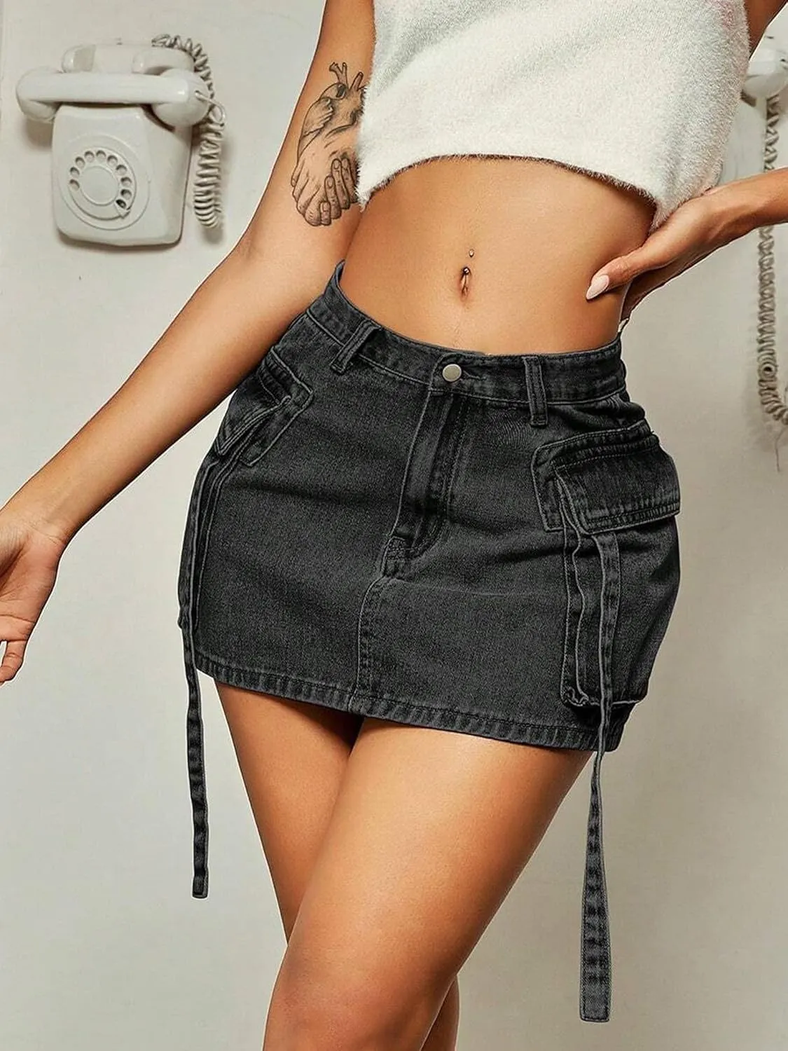 Cargo Skirt Women y2k Button Mini Jeans Skirt Denim Skirt with Pocket Low Waist