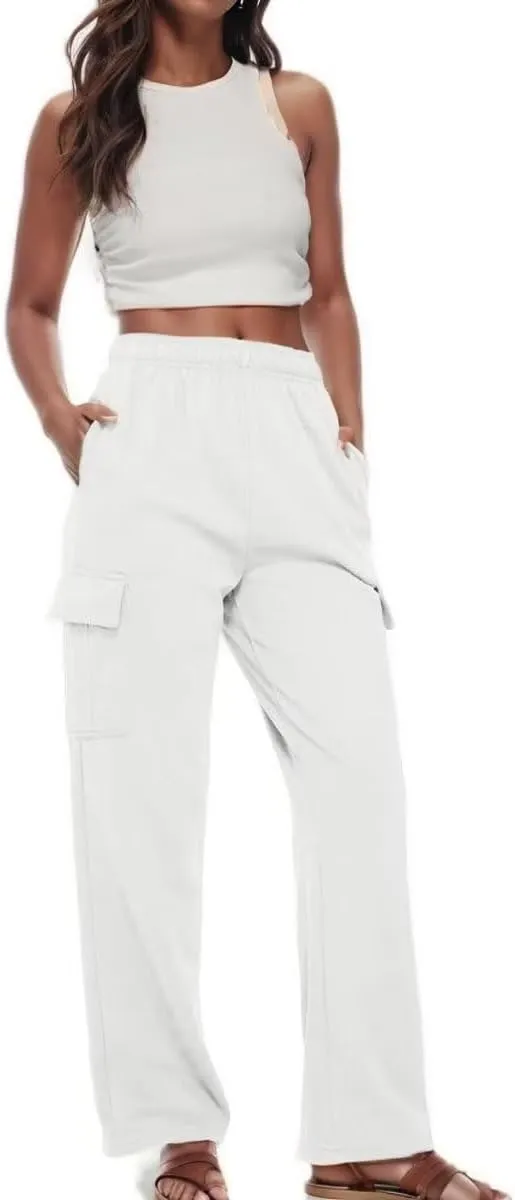 Cargo Sweatpants Women Oversized Wide Leg Fleece Elastic High Waist Lounge Pant Athletic Lounge Trousers with Pockets