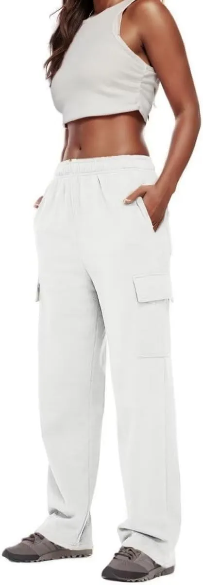 Cargo Sweatpants Women Oversized Wide Leg Fleece Elastic High Waist Lounge Pant Athletic Lounge Trousers with Pockets