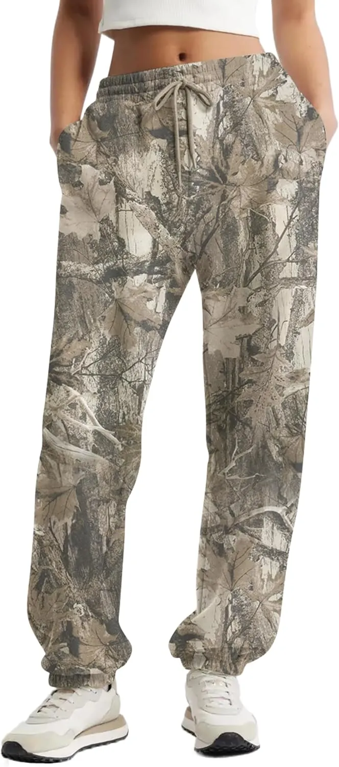 Casual Camo Sweatpants for Women Baggy Fleece Y2K Camouflage High Waisted Joggers Pants with Pockets Streetwear