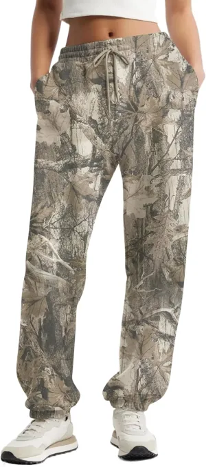 Casual Camo Sweatpants for Women Baggy Fleece Y2K Camouflage High Waisted Joggers Pants with Pockets Streetwear