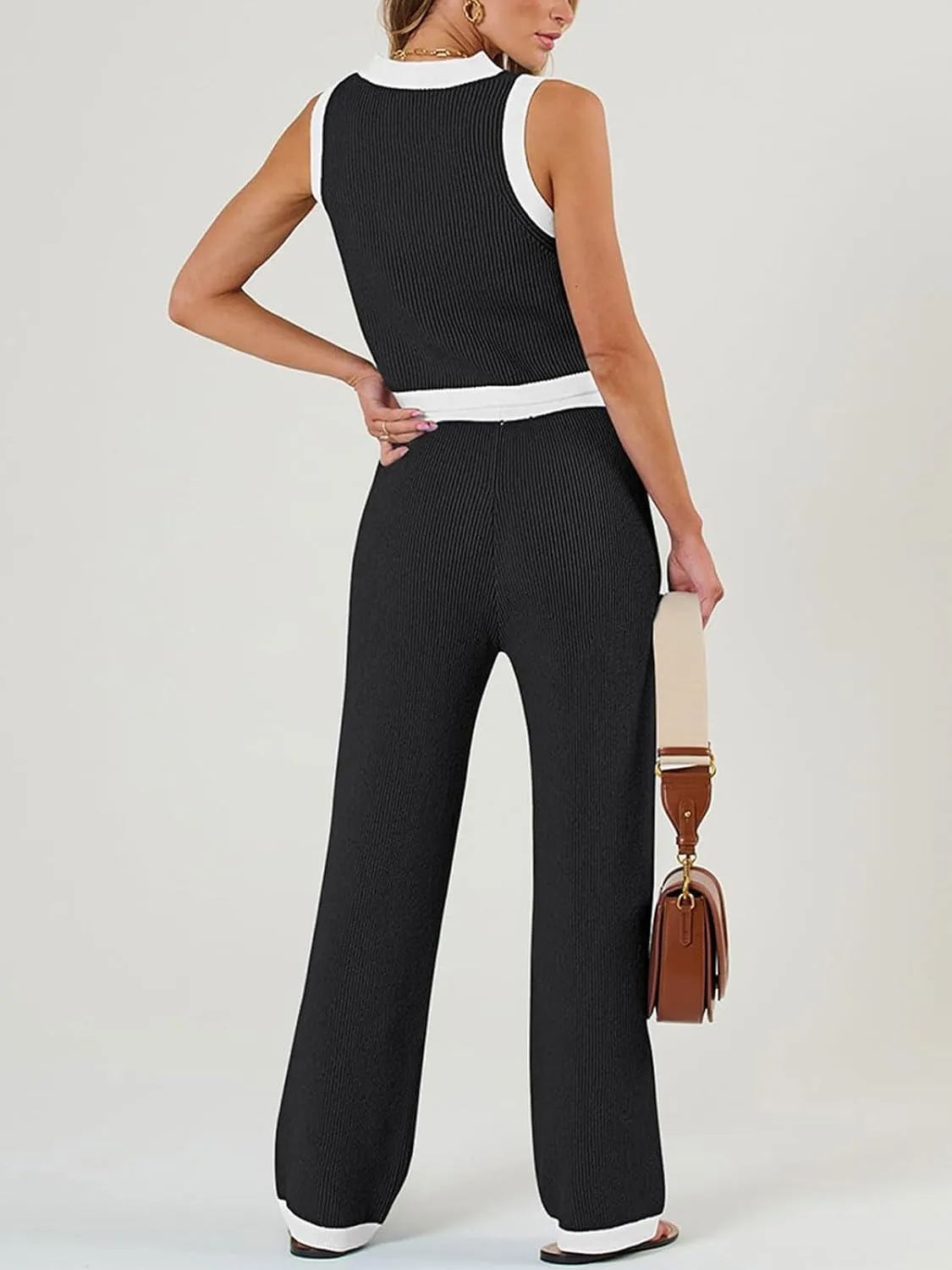 CHARTOU Knit Sweatsuits Women 2 Piece Outfits Fall Lounge Set Rib V Neck Vest Cropped Top Wide Leg Pants