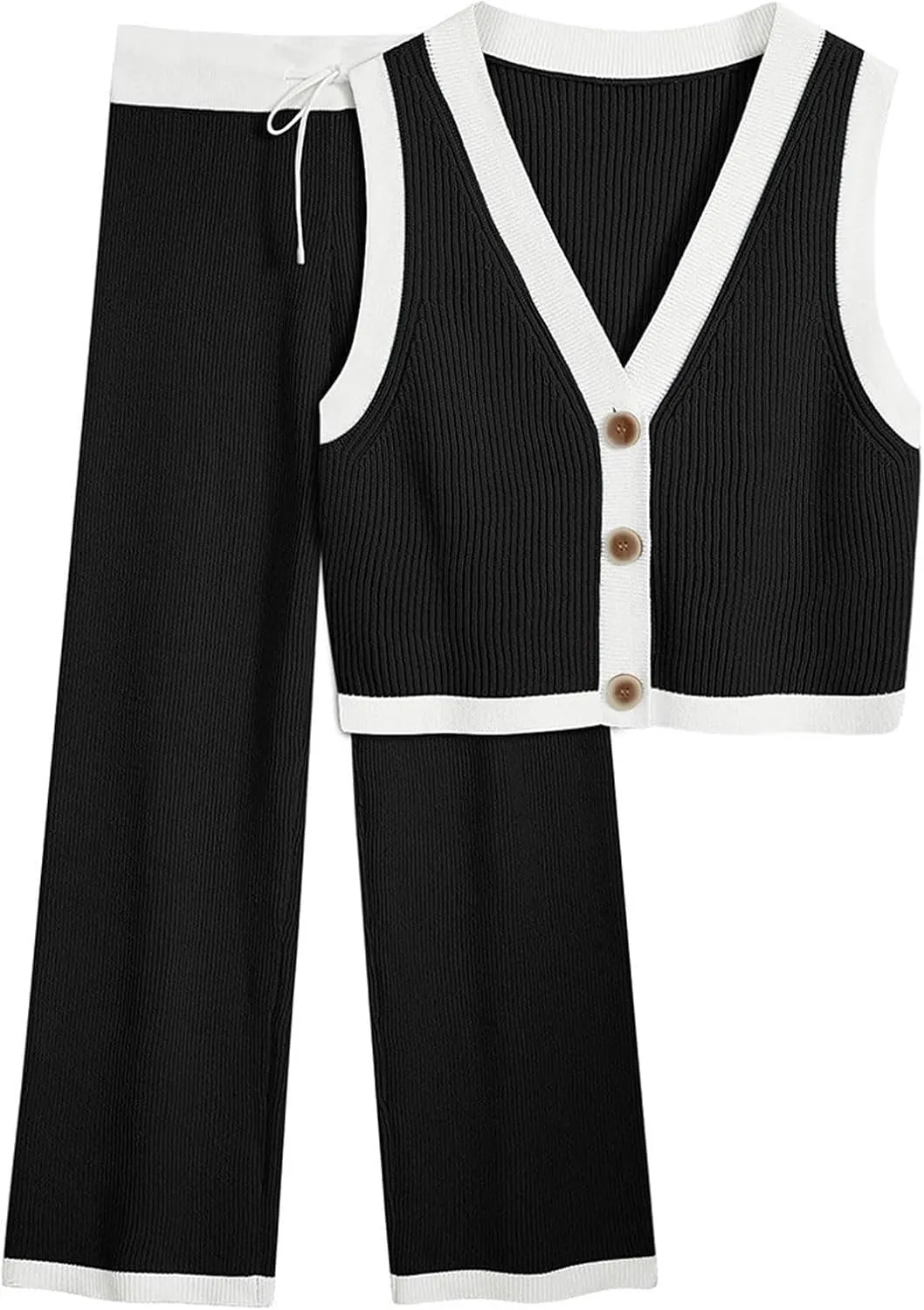 CHARTOU Knit Sweatsuits Women 2 Piece Outfits Fall Lounge Set Rib V Neck Vest Cropped Top Wide Leg Pants