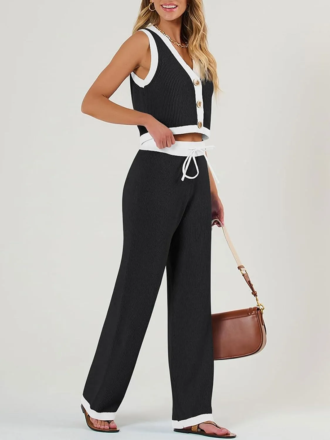CHARTOU Knit Sweatsuits Women 2 Piece Outfits Fall Lounge Set Rib V Neck Vest Cropped Top Wide Leg Pants